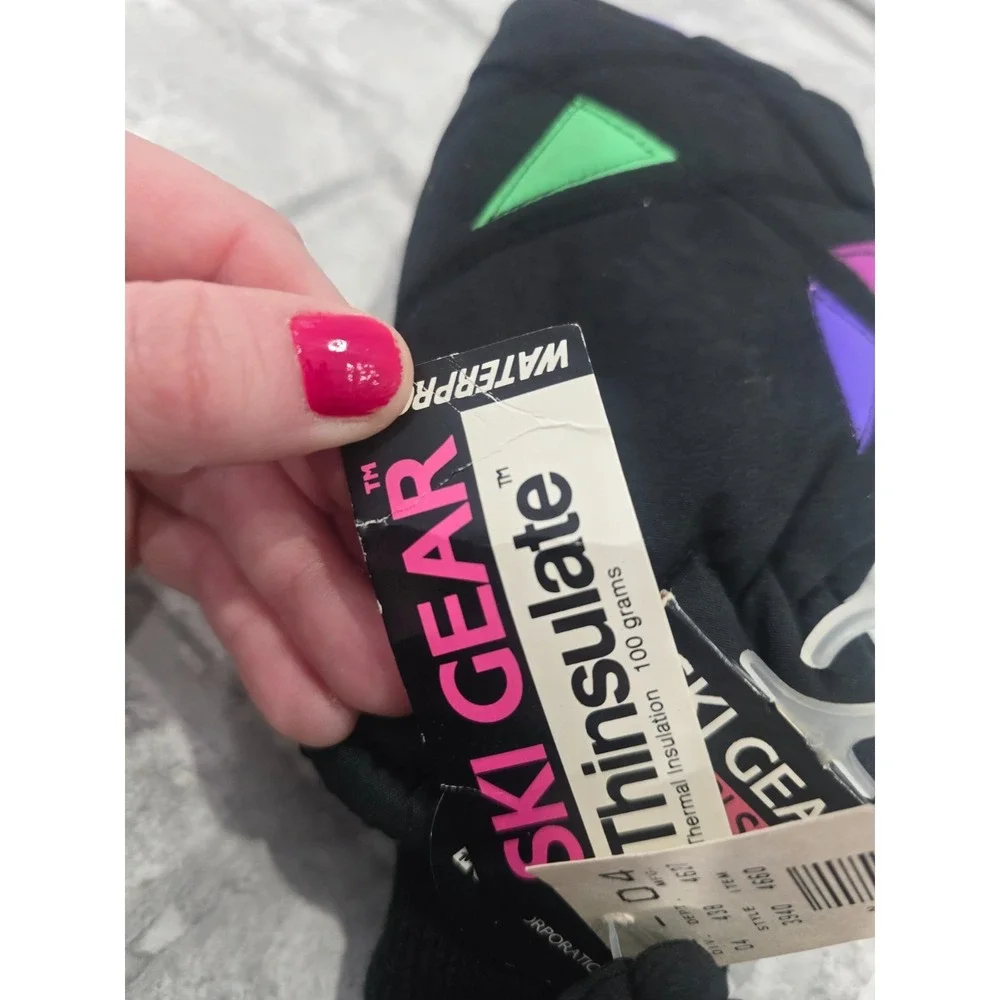 Girls Thinsulate 80s Neon Geometric Snow Mittens Black Waterproof NOS New